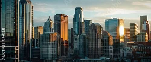 Stunning cityscape unfolds under hues of setting sun towering skyscrapers and modern buildings define skyline heart of city beats in business district © Thares2020