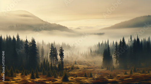 Landscape: Coniferous forest in autumn fog view.