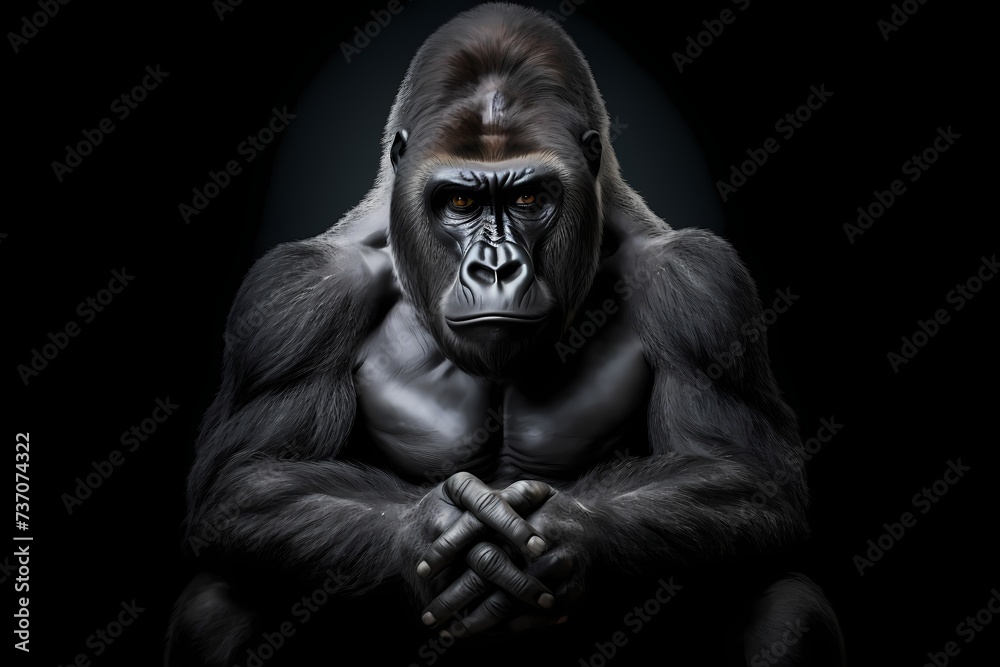 A regal silverback gorilla, its powerful stature highlighted against a deep gray background.