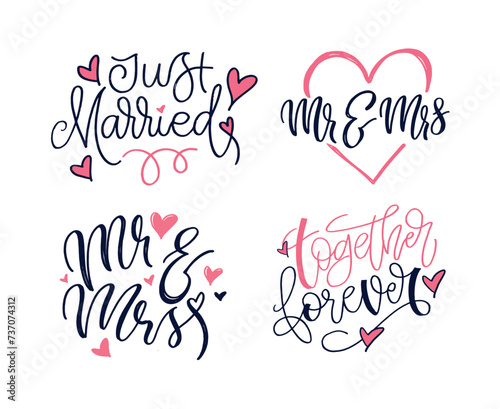 Just married  Mr and Mrs - our wedding - lettering art set. 100  vector image.