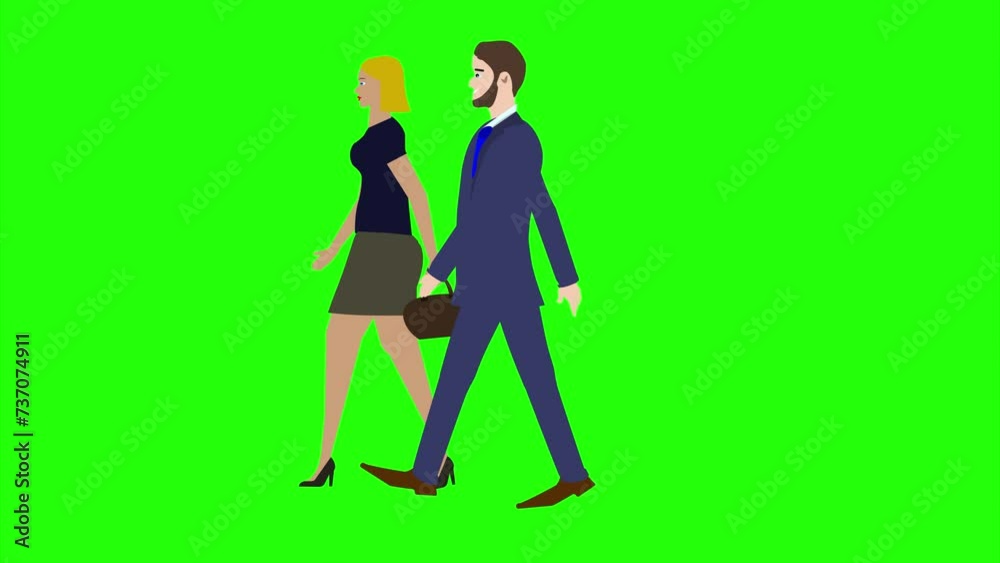 Animation with Man and women character walking side view, seamless loop on green screen, chroma key Animation with Man and women character walking side view, seamless loop on green screen, chroma key