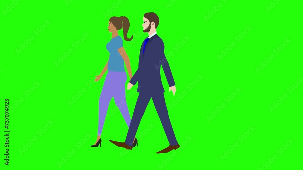 Animation with Man and women character walking side view, seamless loop on green screen, chroma key Animation with Man and women character walking side view, seamless loop on green screen, chroma key