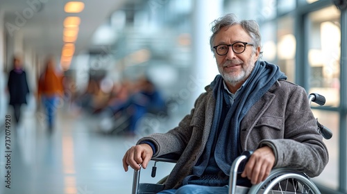 Portrait of Mature professor with disabilities sitting in a wheelchair in university setting, surrounded by students in the background © Anna Zhuk