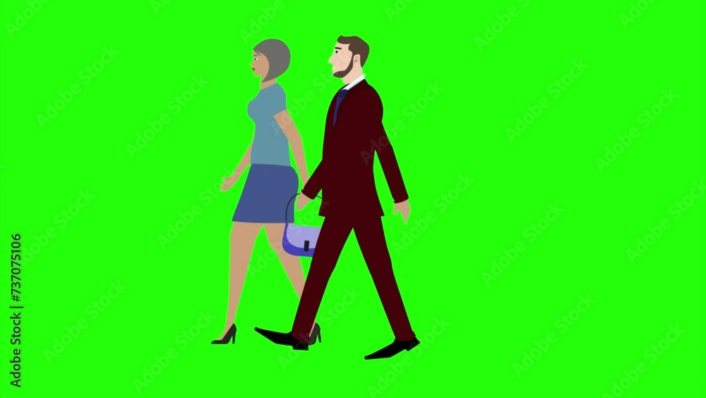 Animation with Man and women character walking side view, seamless loop on green screen, chroma key Animation with Man and women character walking side view, seamless loop on green screen, chroma key