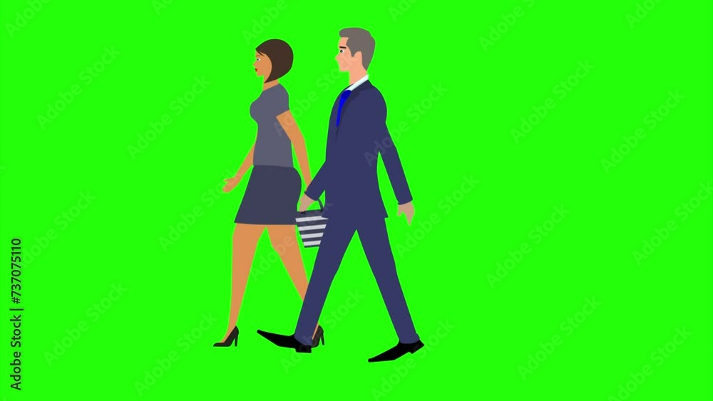 Animation with Man and women character walking side view, seamless loop on green screen, chroma key Animation with Man and women character walking side view, seamless loop on green screen, chroma key