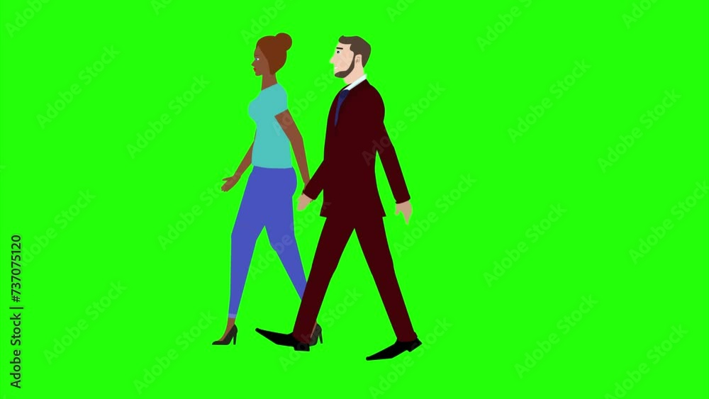 Animation with Man and women character walking side view, seamless loop on green screen, chroma key Animation with Man and women character walking side view, seamless loop on green screen, chroma key
