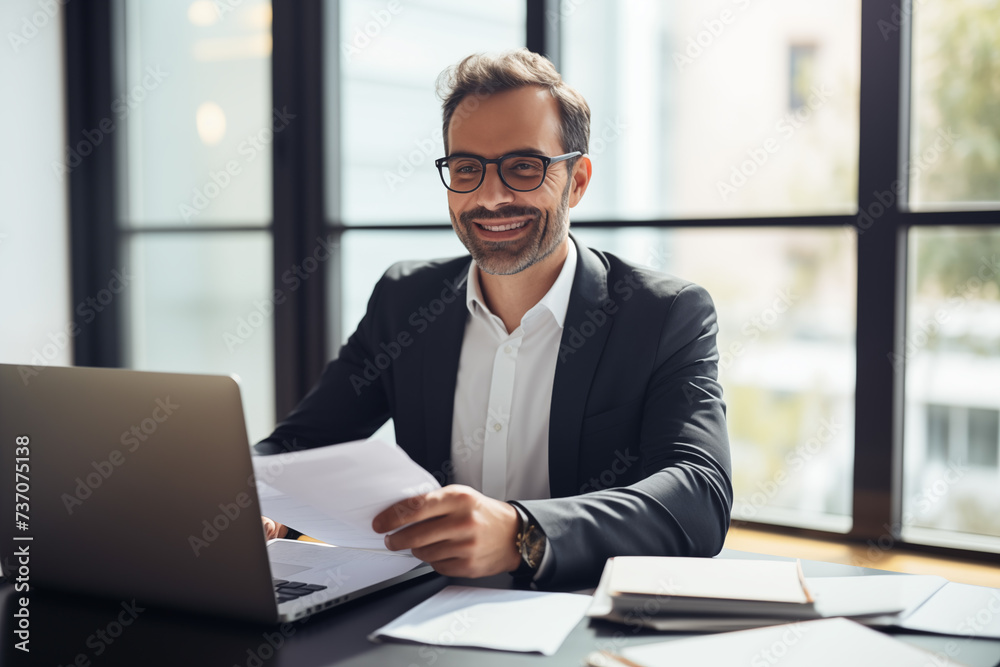 Smiling male business man accountant analyst holding documents Smiling male business man accountant analyst holding documents