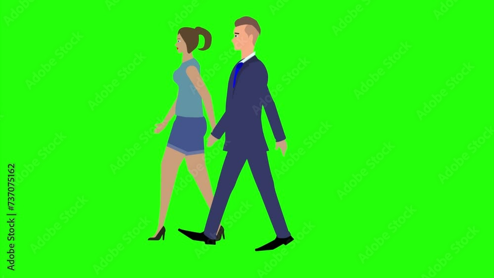 Animation with Man and women character walking side view, seamless loop on green screen, chroma key Animation with Man and women character walking side view, seamless loop on green screen, chroma key