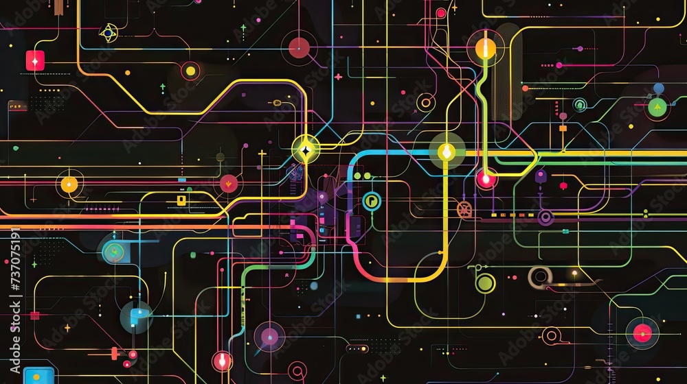 a dark illustration of a technical system with colorful lines connecting different flow states a dark illustration of a technical system with colorful lines connecting different flow states