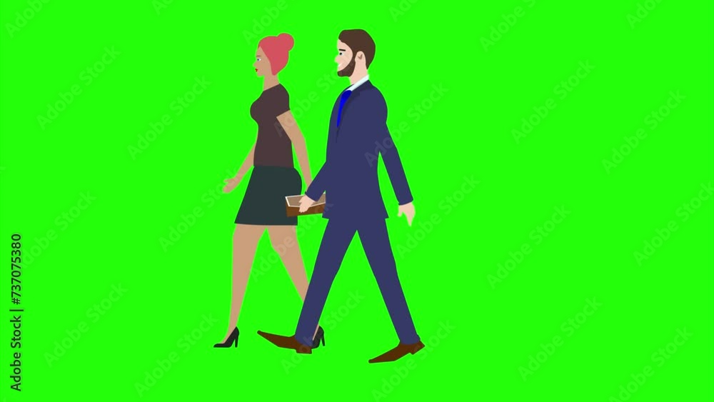 Animation with Man and women character walking side view, seamless loop on green screen, chroma key