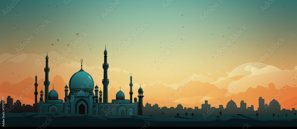 Eid mubarak background design with detailed sketch of mosque
