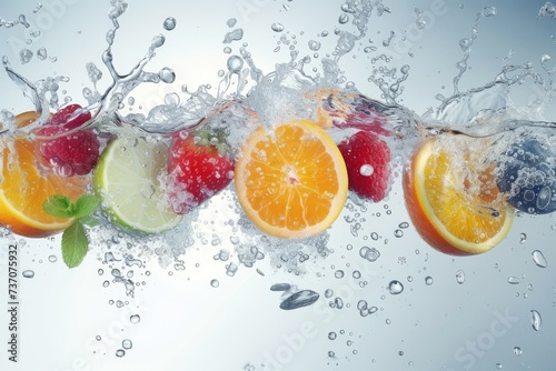 Water splash from various fruits on white background