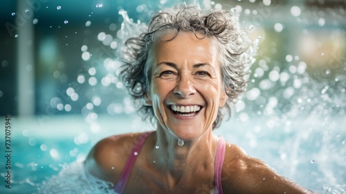 Active senior women in aqua gym class, healthy retired lifestyle with aqua fit sport © sorin