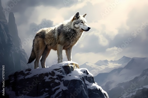 A solitary wolf standing on a snowy cliff, its piercing gaze reflecting its wild and untamed spirit. © Animals