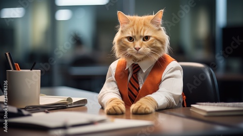 A Fat cat is sitting at the office table in front of a computer  upset and dissatisfied employee