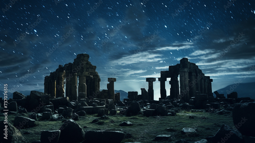An ancient ruin against a starry night sky, history, transience, Ultra Realistic, National Geographic, 