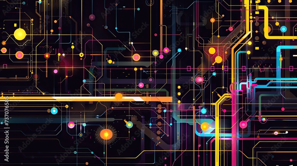 a dark illustration of a technical system with colorful lines connecting different flow states a dark illustration of a technical system with colorful lines connecting different flow states