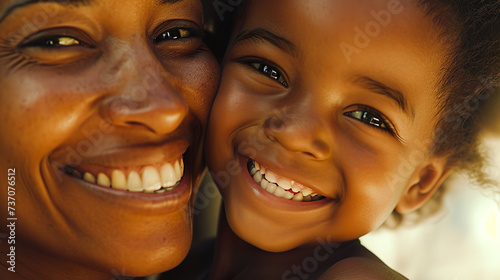 幸せそうに笑顔で頬をくっつける黒人の母親と男の子