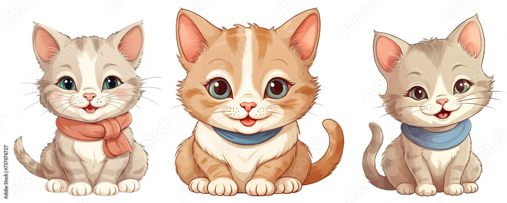 Set of three cartoon cute happy fluffy kittens, isolated on transparent background Set of three cartoon cute happy fluffy kittens, isolated on transparent background