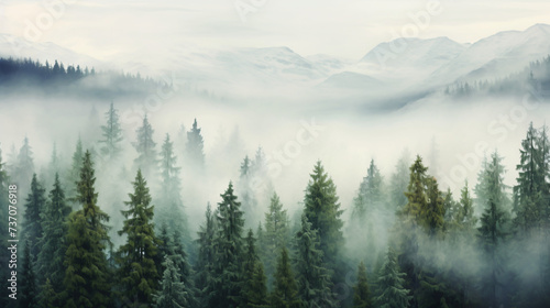 Landscape: Coniferous forest in autumn fog view. © Natia