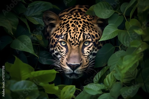 A stealthy jaguar camouflaged among the dense foliage  its intense gaze fixed on its unsuspecting prey.