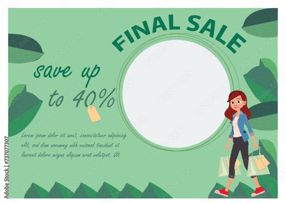 Editable vector Spring sale banner, final sale, with girl customer with shopping bags. Space for additional text. Editable vector Spring sale banner, final sale, with girl customer with shopping bags. Space for additional text.