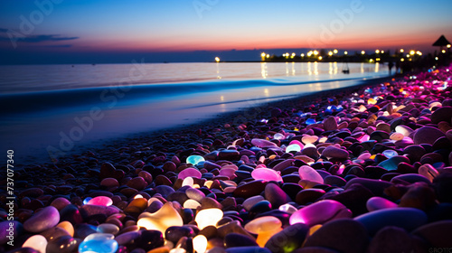 At night, neon, beautiful, colorful, yellow, pink, green, red, white, blue, purple and transparent large pebbles stand on the beach,  photo