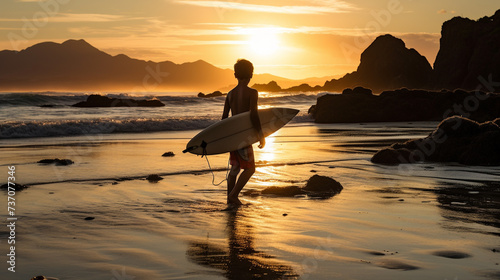 At the water s edge  a youngster carries a surfboard  becoming a fleeting silhouette against the coastal backdrop. National Geographic 