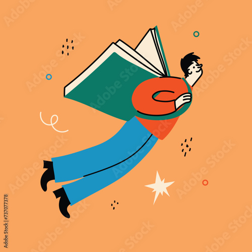 World Book Day graphics - book week events. Modern flat vector concept illustration of reading people, young man reading book flying in the sky in retro style