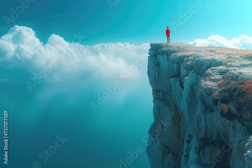 Illustrate the fear of making the wrong decision with an image of a person hesitating on the edge of a cliff or precipice, afraid to take the next step for fear of failure or regret photo