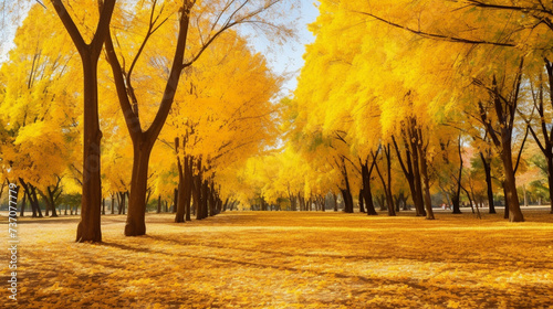 Beautiful bright colorful autumn landscape with a carpet of yellow leaves. Natural park with autumn trees on a bright sunny day.