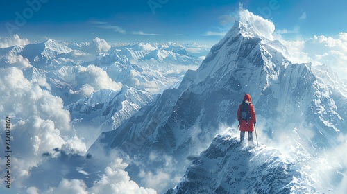 person in the snow, on a top of a mountain