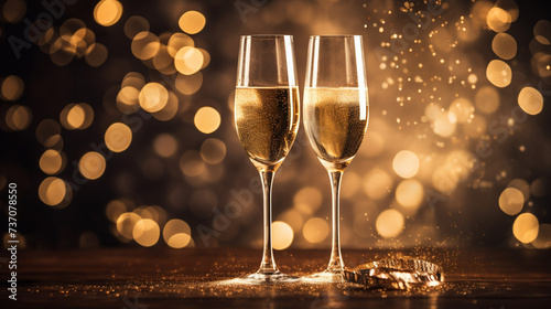 Capture the essence of celebration and anticipation as two champagne glasses clink together against a backdrop of twinkling lights and festive decorations. 