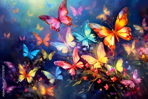 A swarm of colorful butterflies fluttering among blooming flowers, their delicate wings adding a touch of magic to the scene.
