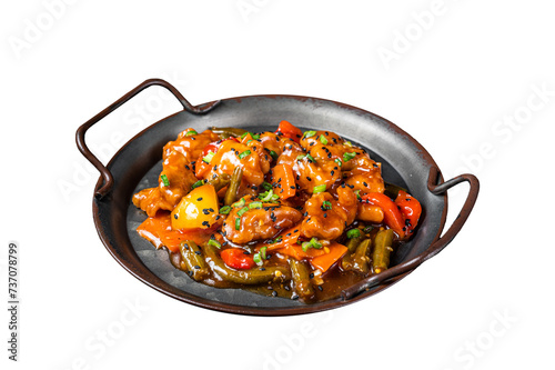 Chicken meat in sweet and sour sauce in a steel tray.  Isolated, Transparent background.