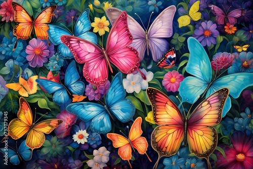 A swarm of colorful butterflies fluttering among blooming flowers  their delicate wings adding a touch of magic to the scene.