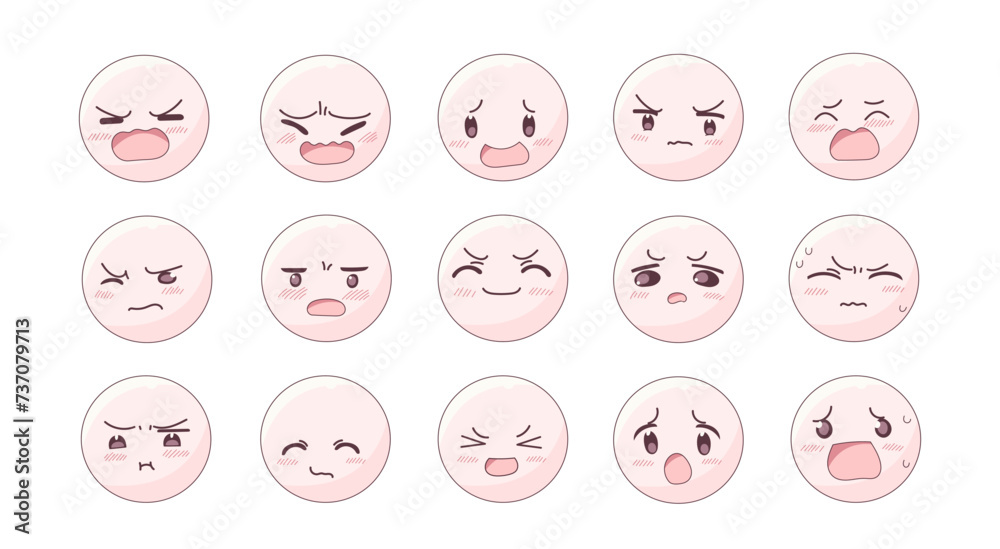 Set of anime kawaii cute emoticon smile icons. Different emotions expression faces emoji. Vector illustration in cartoon childlike manga style Set of anime kawaii cute emoticon smile icons. Different emotions expression faces emoji. Vector illustration in cartoon childlike manga style