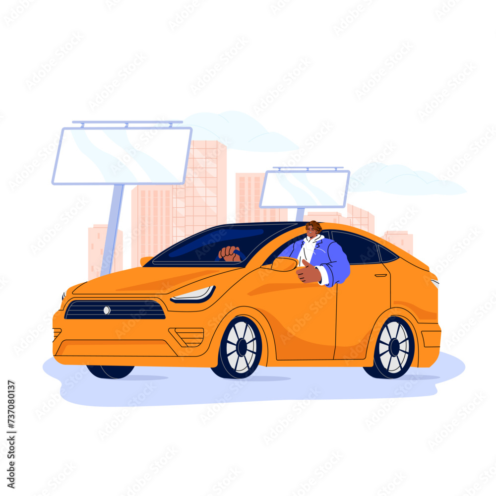 Happy driver rides a rental car on city street. Man drives carsharing service automobile on urban roads. People using electric transport, vehicle. Flat isolated vector illustration on white background