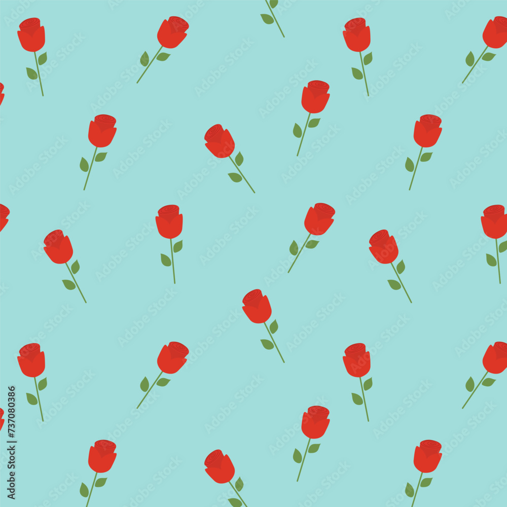 Red roses isolated on blue background. Hand drawn rose floral seamless pattern vector illustration.