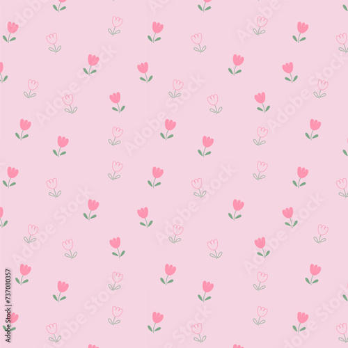 Pink tulip isolated on pink background. Hand drawn tulip floral seamless pattern vector illustration.