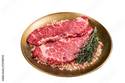 Alternative beef steak Denver, raw meat steak with herbs. Isolated, Transparent background.
