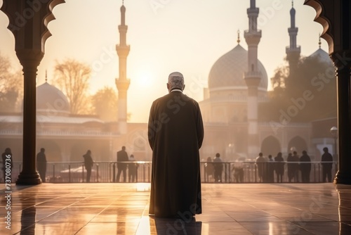 Muslim man standing in front of mosque