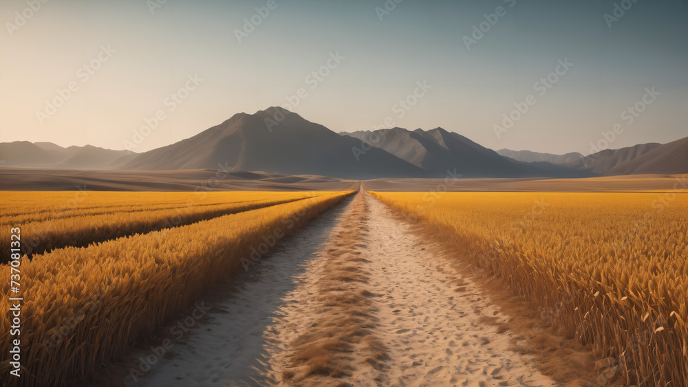 dirt road through a wheat field with mountains in the background,