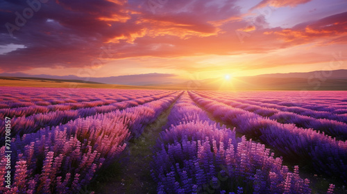 Design magical mystical landscape art with field of lavender colored wildflowers during sunrise, no people 