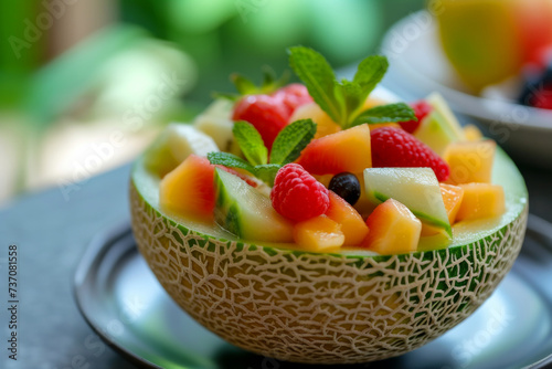 fruit salad with melon and berry fruit. Fresh fruit salad. Multicolored and tropical fruits. Pineapple  mango  grape  strawberry  papaya  melon  kiwi. Additional with chestnuts and granola. Top view. 