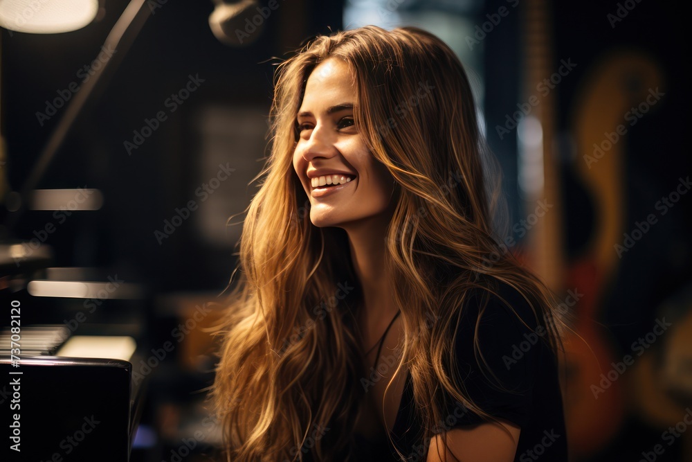 Portrait of a beautiful young woman smiling and looking at the camera isolated on a music studio background Portrait of a beautiful young woman smiling and looking at the camera isolated on a music studio background