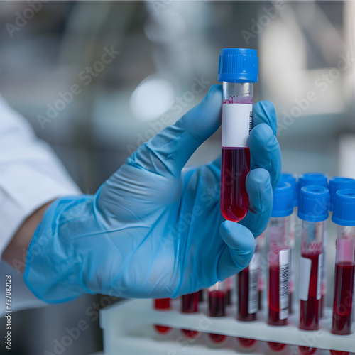 Hand wearing a blue medical glove holding a blood sample 