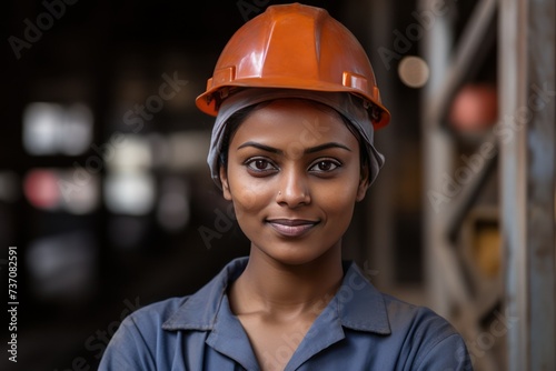 Portrait of a female factory worker wearing a work uniform and wearing a helmet, factory background