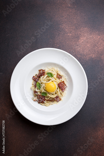 Spaghetti Carbonara with bacon, parmesan cheese and egg