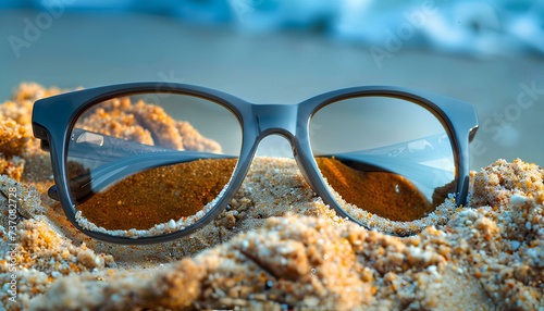 sunglasses in sand on beach. sunglasses on beach during summertime. close up sunglasses on a sandy beach. sunglasses with dark lenses looking to the ocean